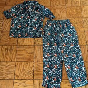 Anthropologie Their Nibs Silky Woodland Critters Pajamas Set in Teal Size Small